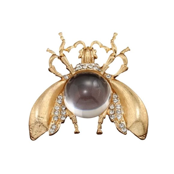 unbranded Jewelry - Giant Jelly Belly Fly Brooch With Clear Crystals Gold Tone
